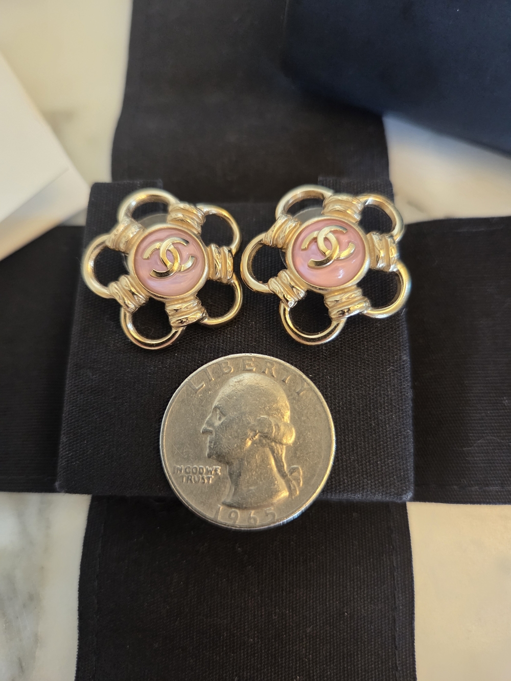 CHANEL Pink Camellia Logo Gold-Tone Stud Earrings Opalesque Swirl Statement Stud - Picture 2 of 15